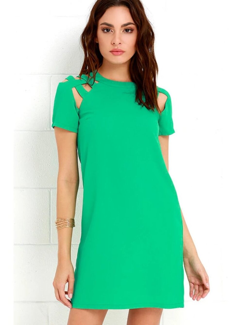 Lulus Dress Womens Medium Green Shift Shoulder Shrug Cut Outs Short Sleeve Mini